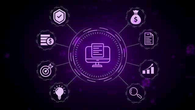 Digital business strategy concept with glowing purple representing data analysis security finance growth ideas and goals connected to a central computer screen displaying documents