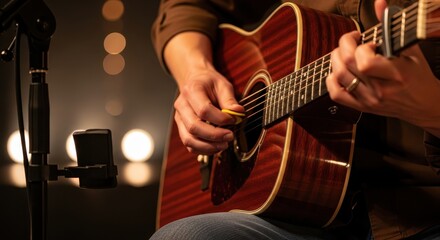 Fototapeta premium Close-up of Musician Hands Playing Acoustic Guitar with Pick in a Studio with Warm Bokeh Background