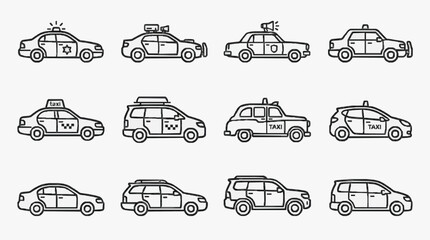 Dynamic Set of Black and White Line Drawn Vehicles Including Police Cars Taxis and Passenger Cars for Illustrations © Ahmad