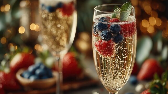 Champagne flute with raspberries at romantic dinner