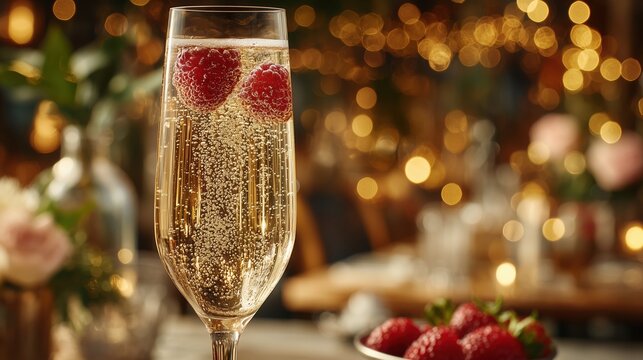Champagne flute with raspberries at romantic dinner