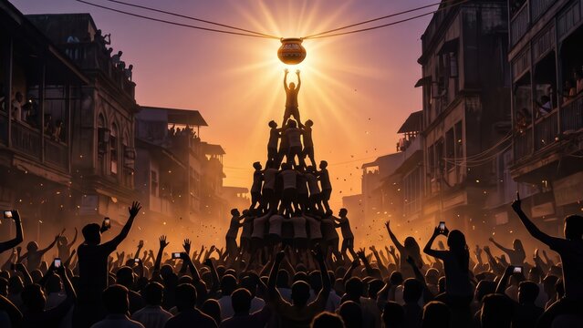 Dahi Handi Human Pyramid &ndash; Silhouette Festival Crowd at Sunset
