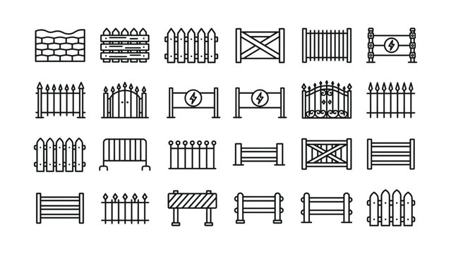 black and white line drawings of various fences and gates
