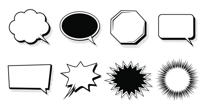 Set of comic book speech bubbles and thought clouds with pop art dialogue balloons collection explosion template illustration communication
