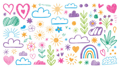 Naklejka premium Colorful doodle collection hand drawn weather and nature shapes with colorful elements collection scribble childish decorative illustration