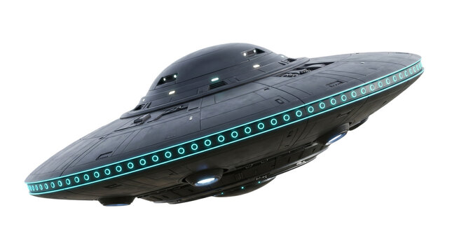 Flying Saucer Sci Fi UFO Sleek black UFO PNG isolated on transparent background flying saucer with lights for science fiction and extraterrestrial themes Set against a pure solid white background