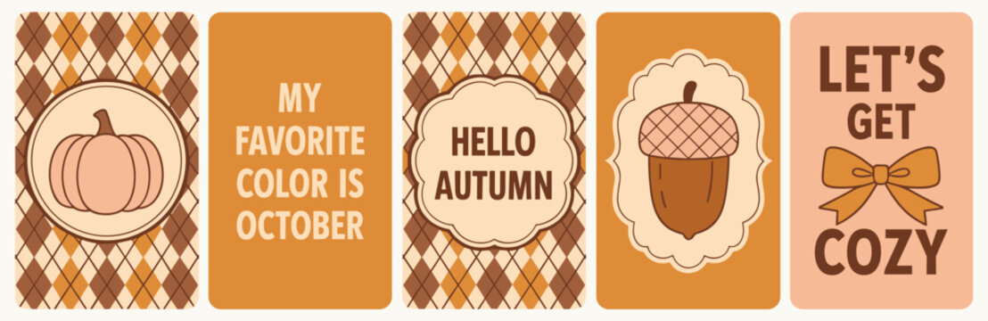 Collection of decorative autumn greeting cards with pumpkins acorns and cozy fall phrases seasonal greeting typography illustration template