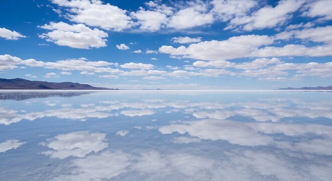Stunning mirror reflection of blue sky and white clouds on a flat water surface
