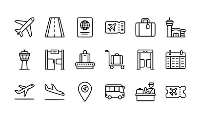 Fototapeta premium Editable airport life and travel service vector line icon bundle