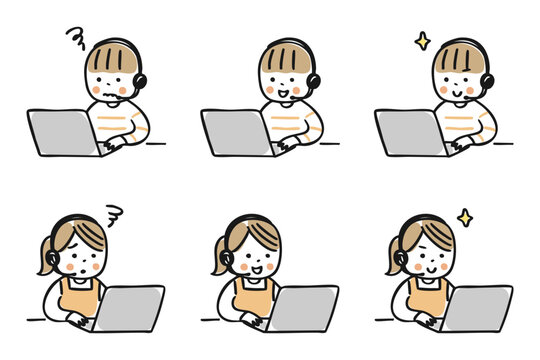 ヘッドフォンをしてノートパソコンを操作するこどものイラストセット　表情別