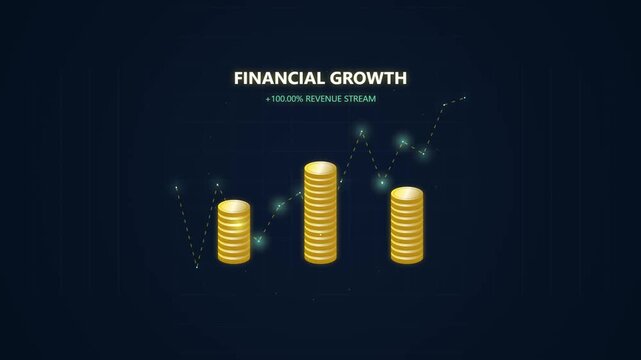 Financial growth chart with rising gold coin stacks and data animation