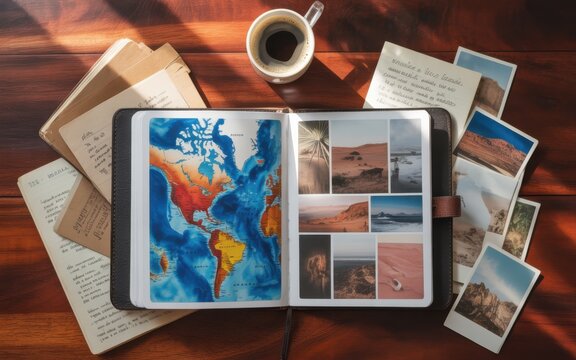 Open travel journal on a wooden table featuring a colorful map and several small landscape photographs, accompanied by a cup of coffee and handwritten notes