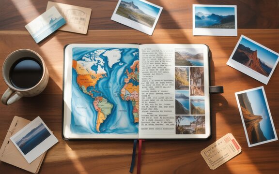 Open travel journal with map and polaroid on wooden desk with coffee cup for planning vacation trips and documenting memories of global adventures