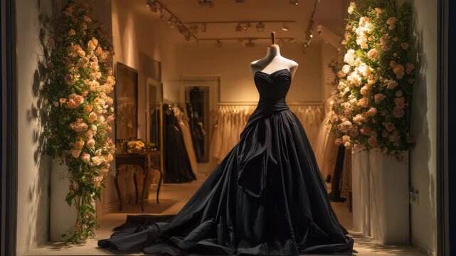 beautiful black luxury wedding dress in a shop window animation
