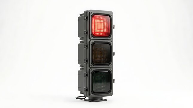 A close-up, isolated studio shot of a vertical traffic light with the red light illuminated, symbolizing caution and stop