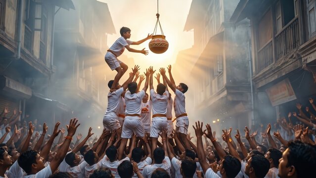 Dahi Handi Festival &ndash; Cinematic Crowd Beneath Glowing Handi
