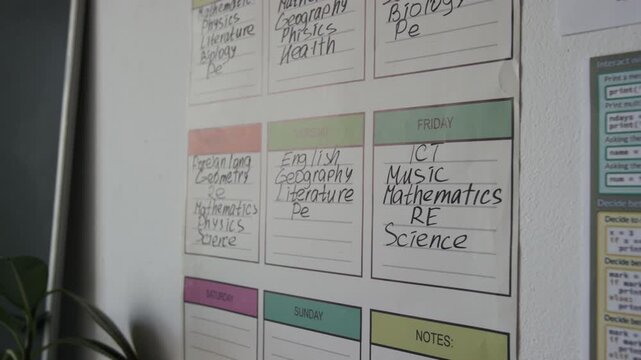 Close-up shot of handwritten school timetable hanging on wall showing weekly class schedule. Clip for back-to-school marketing, educational content, and student productivity campaigns