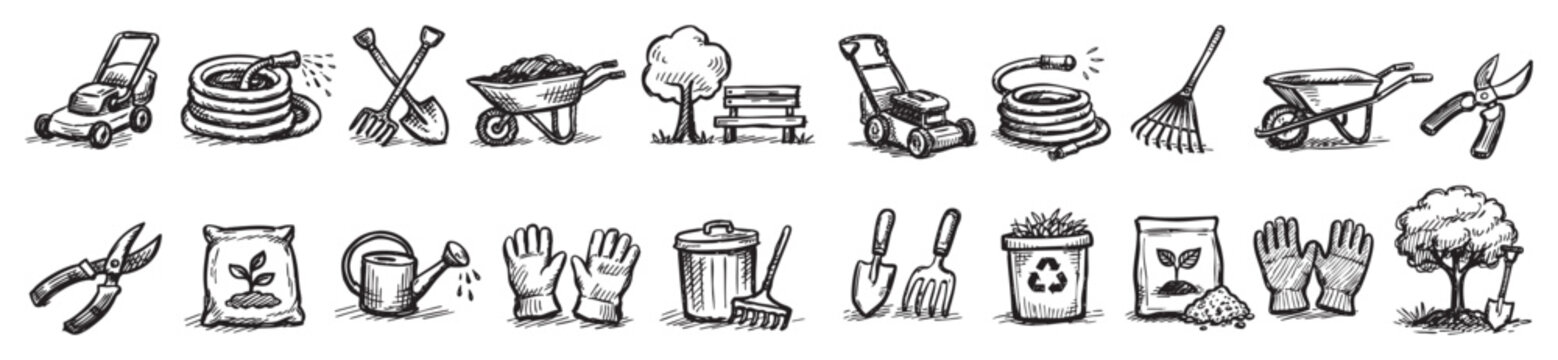 Collection of hand-drawn garden tools and elements, including a lawnmower, hose, rake, shovel, wheelbarrow, and pruning shears, on a clean white background