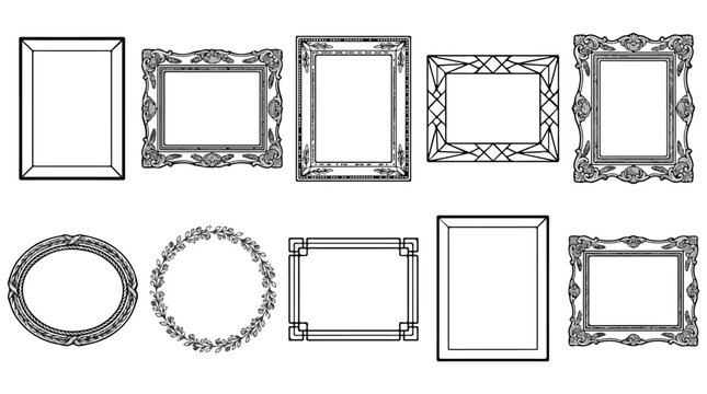 Vintage ornate picture frames set, 10 black and white vector border illustrations, decorative antique photo frame collection for gallery wall