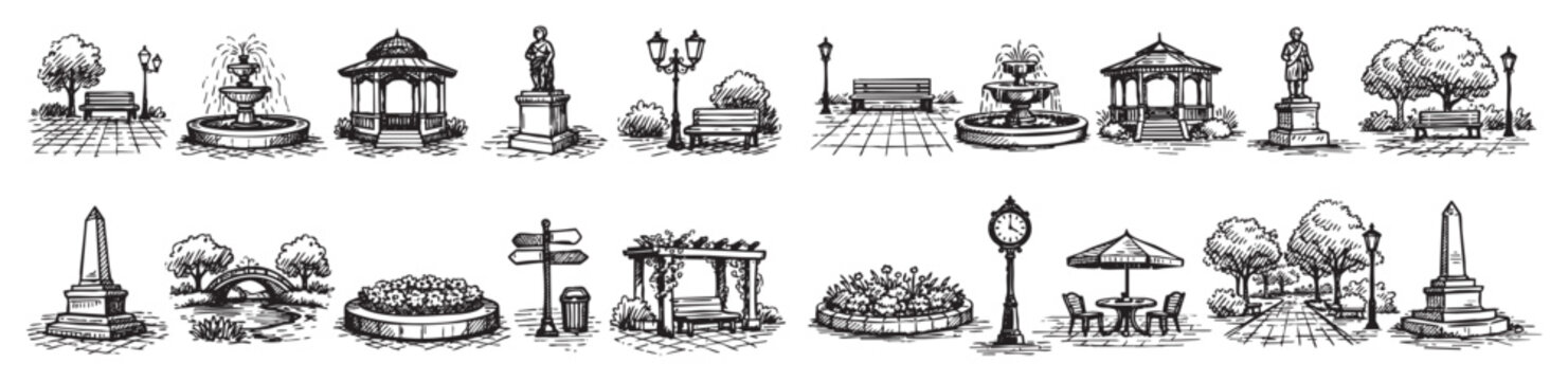 Various hand-drawn park elements are arranged in two rows, showcasing different outdoor structures and landscaping in a classic sketch style