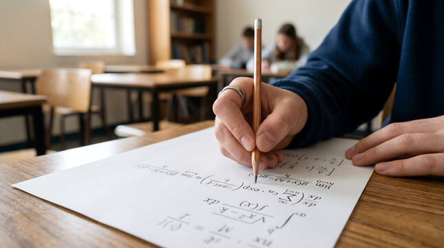 Student Solving Math Equations with Pencil on Paper in Classroom