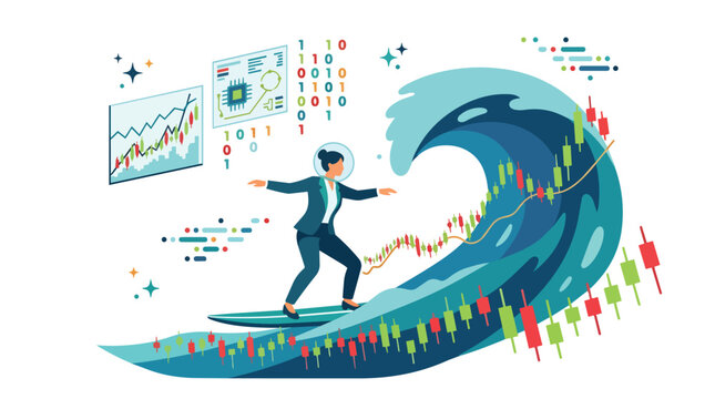 Financial market surfing and stock trading volatility mastery in modern flat vector illustration for investment consulting