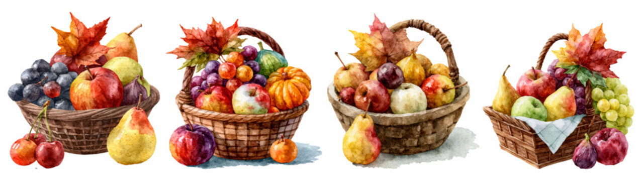 Four watercolor baskets brimming with abundant autumn harvest, featuring fresh fruits like apples, pears, grapes, and pumpkins, symbolizing seasonal generosity and healthy eating for fall