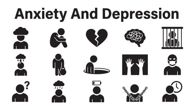 Mental health icons for anxiety and depression, psychological distress symbols set, 15 black vector pictograms for emotional disorders and stress