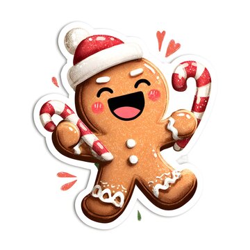 Cute smiling gingerbread cookie dancing with candy canes, rosy cheeks, icing details, tiny Santa hat, playful holiday vibe, whimsical kawaii illustration.