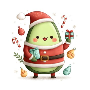 Funny kawaii avocado dressed as Santa Claus, holding a tiny wrapped gift, rosy cheeks, candy canes, Christmas ornaments, festive winter decorations.