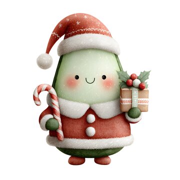 Funny kawaii avocado dressed as Santa Claus, holding a tiny wrapped gift, rosy cheeks, candy canes, Christmas ornaments, festive winter decorations.