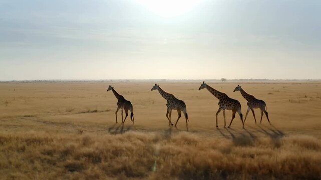 Four giraffes walking in single file across golden savanna under bright sun, with long forward shadows, dry grass, open horizon, warm rim light, and calm wildlife scene