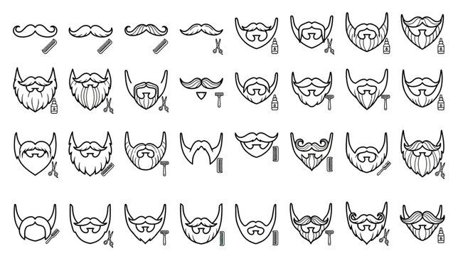 Beard Styles Collection: Moustache, Full Beard, Goatee, Barber Tools Icons