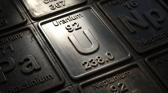 Uranium Element Tile on Metal Periodic Table Background