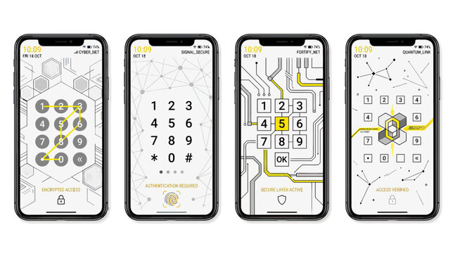 Smartphone security screens: PIN, fingerprint, pattern, and password lock interfaces