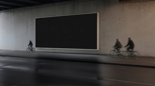 Blank horizontal black billboard mockup on white brick wall under bridge with blurred cyclists riding past