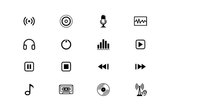 Icons Representing Sound and Audio Equipment in Black and White Featuring Icon, Music, Headphones with Microphone and Speaker