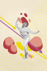 Fototapeta premium Picture art collage of person dance stand on pastel background with down arrows