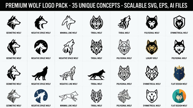 Wolf logo collection set. Minimalist animal head icons for branding and graphic design.