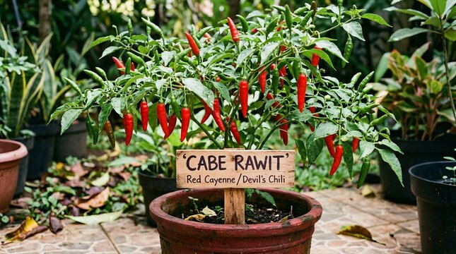 Potted Cabe Rawit Chili Peppers Growing in Tropical Garden Setting.