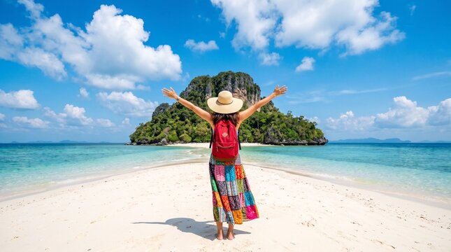 Young woman traveler with backpack enjoying tropical island beach scenery
