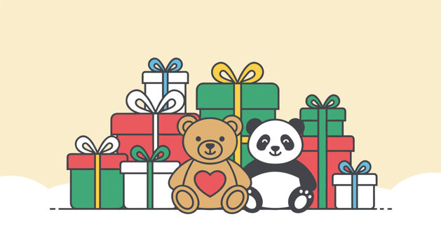 Adorable teddy bear and panda plush toys sitting in front of a big pile of colorful christmas present boxes on white.