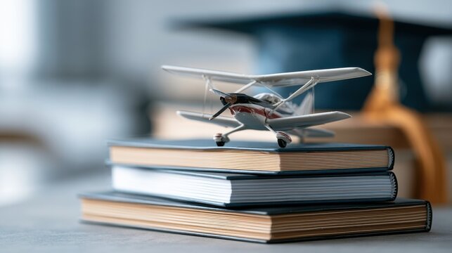 A small airplane model rests atop a stack of books, with a graduation cap blurred in the background. This arrangement symbolizes learning and aspiring to new heights