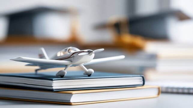 A miniature airplane sits atop a stack of books, with graduation caps blurred in the background, symbolizing aviation education and dreams of flight