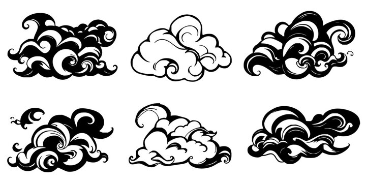 Clouds set with black and white swirling shapes arranged in a 2x3 grid featuring vector, line art, illustration with movement and fluidity
