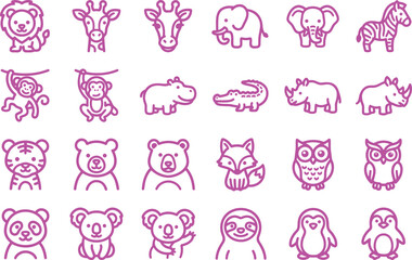 Fototapeta premium Cute baby animals and wildlife minimalist line icons set. Vector outline of safari, jungle, and zoo animals including koala, panda, and lion. 