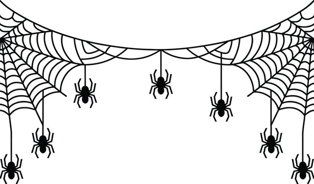 Halloween spider web border, creepy hanging spiders with decorative cobweb frame for festive banners, posters, and holiday backgrounds, vector designs.