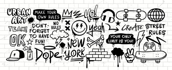 Hand-drawn urban graffiti vector collection with street art lettering, doodles, skateboarding and gaming elements. Perfect for t-shirt graphics, stickers, posters and branding. © cddesign.co