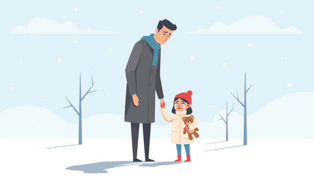 Sad father and his little crying daughter holding hands in a cold snowy winter park during a difficult moment.