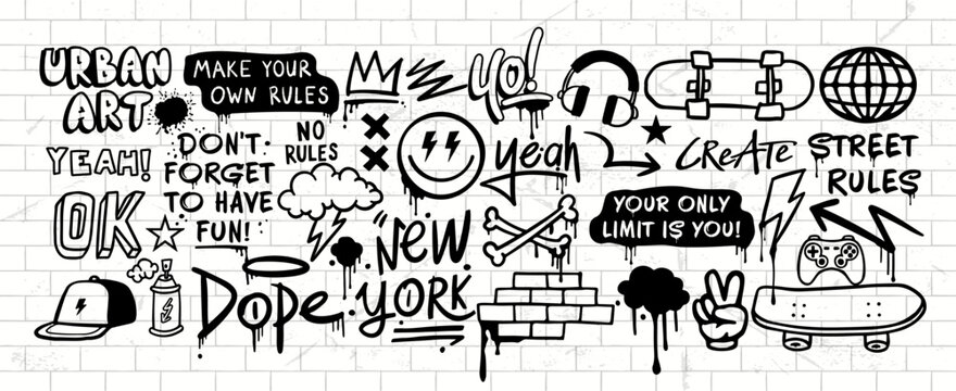 Hand-drawn urban graffiti vector collection with street art lettering, doodles, skateboarding and gaming elements. Perfect for t-shirt graphics, stickers, posters and branding.